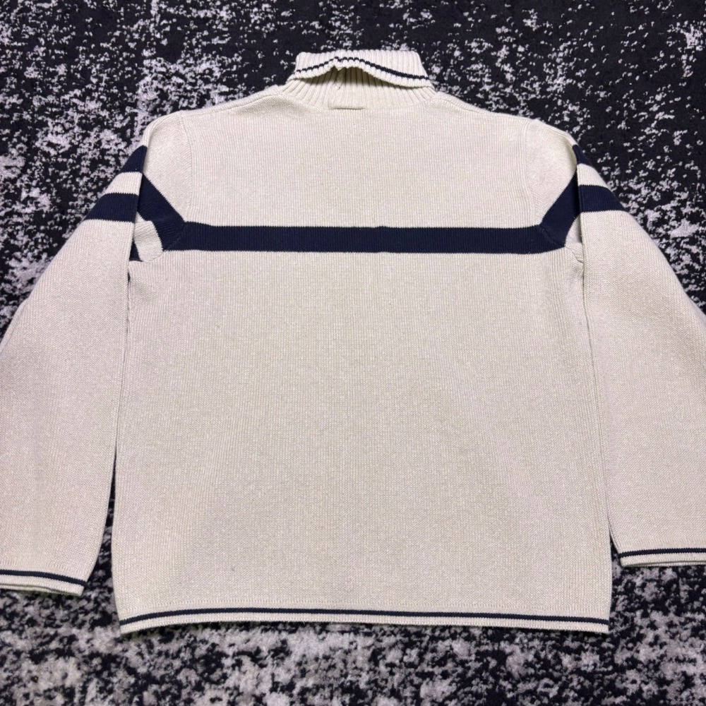 Vintage Burton Menswear Turtleneck Sweater Cream Navy Blue Stripe Mens Small
